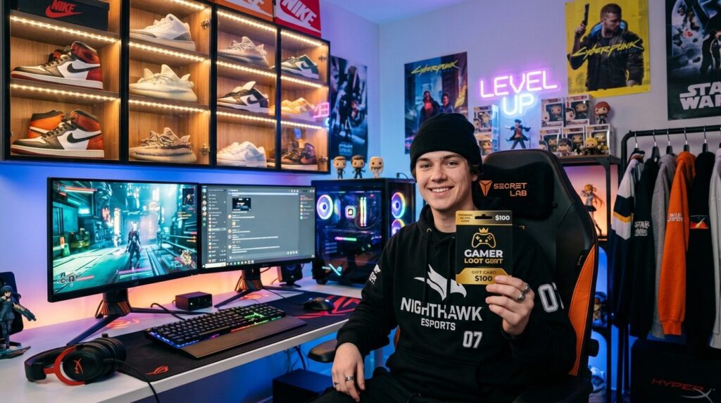 Young gamer in modern room surrounded by high-end sneaker co