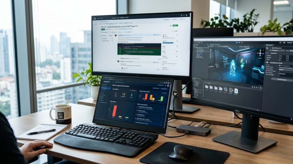 Close-up photorealistic image of a developers desk with mul