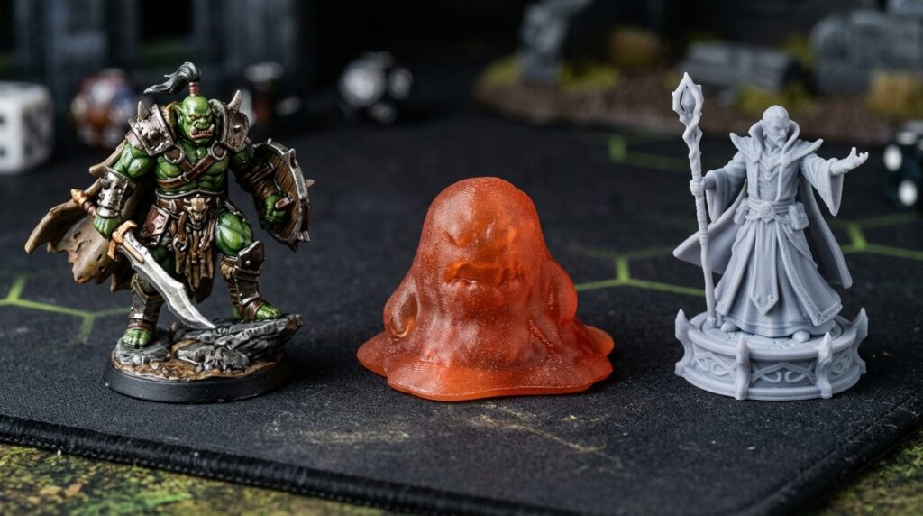 Close-up macro photography of 3D printed gaming miniatures a