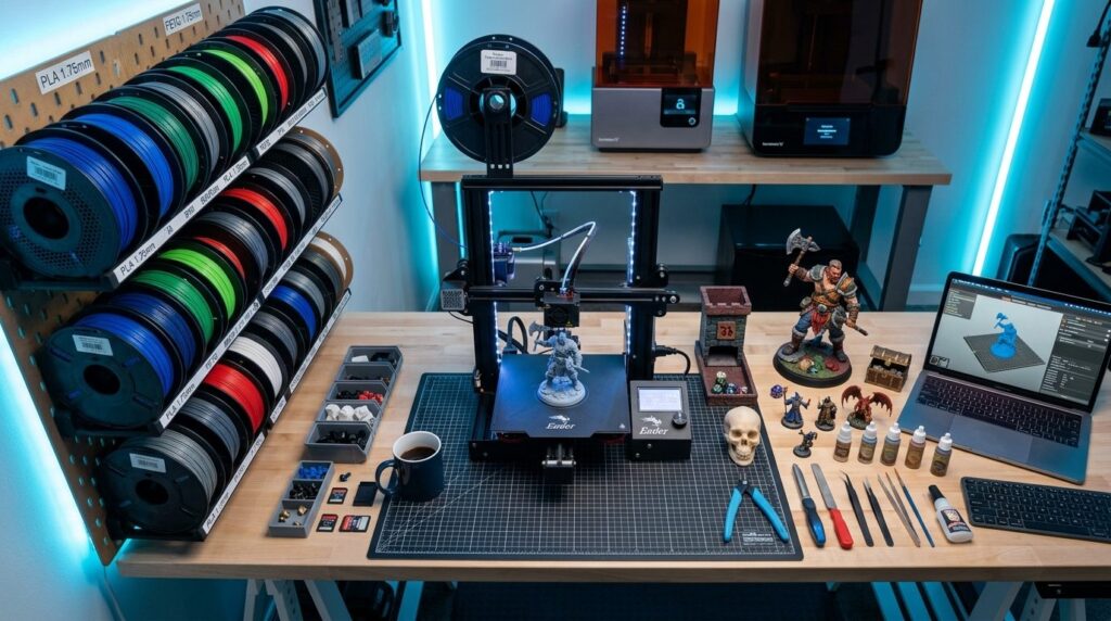 Overhead shot of an organized 3D printing workstation with m