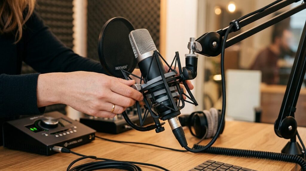 Close-up of hands adjusting a studio microphones pop filter