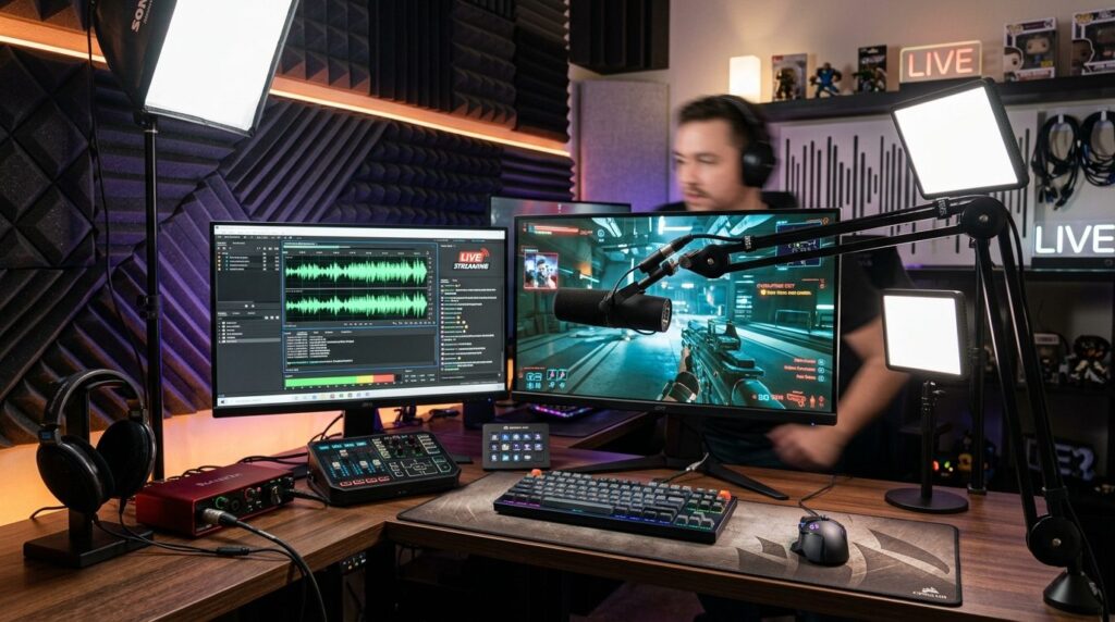 Streamers gaming and podcast dual-monitor workstation with 