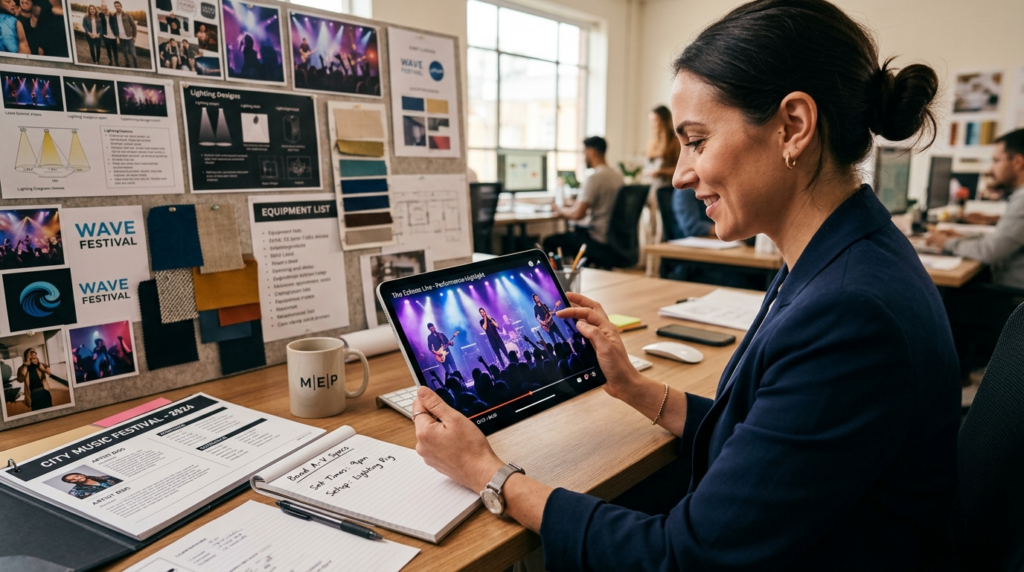 Close-up of event coordinator reviewing band portfolio and l